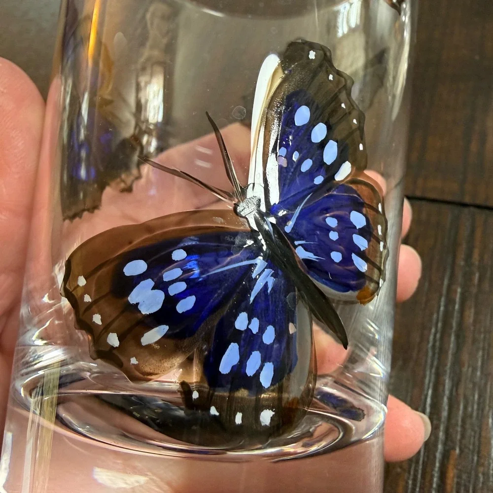Painted Blue Butterfly Set‎ of 2 Nature Inspired Drinking Pint Glasses Fairycore